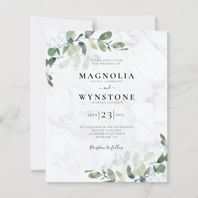 Budget Eukalyptus Marble Wedding Einladung (Vorderseite)
