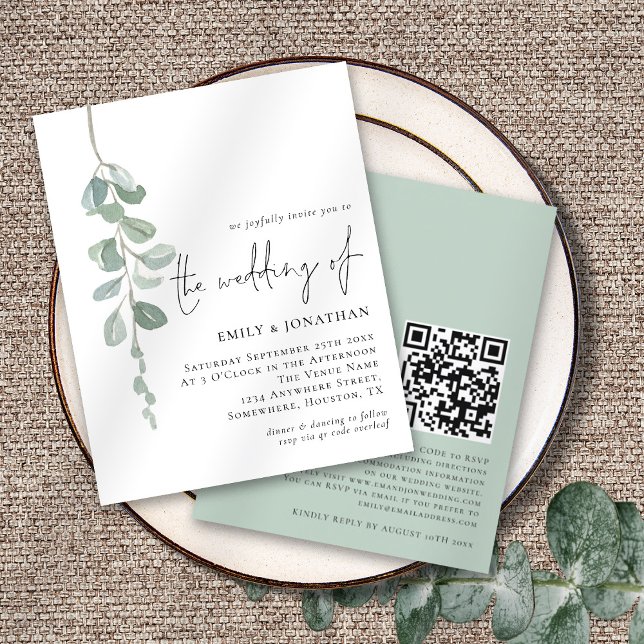 Budget Eukalyptus Script QR Sage Wedite Einladung (Front and back view)