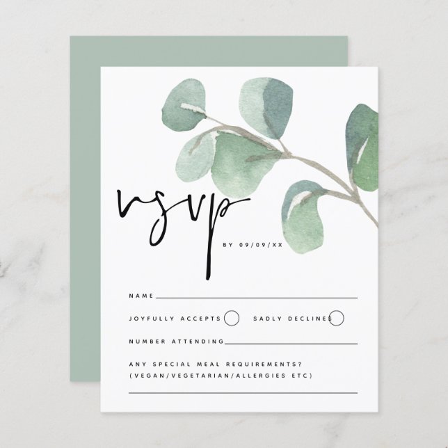 Budget Eukalyptus Script Wedding RSVP Enclosure (Vorne/Hinten)