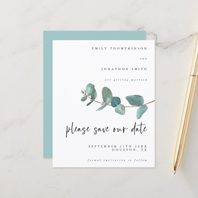 Budget Eukalyptus Script Wedding Save the Date (Vorderseite/Rückseite Beispiel)