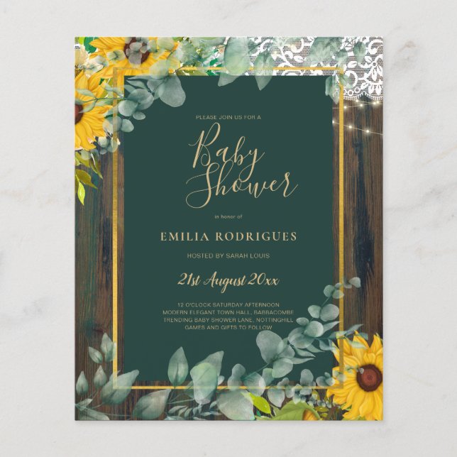 BUDGET Eukalyptus Sunflowers BABY SHOWER Rustic Fl Flyer (Vorne)