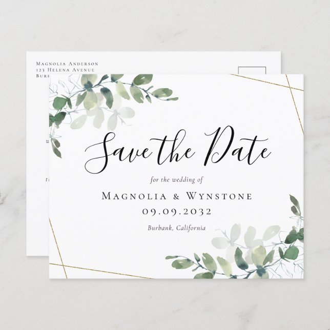 Budget Eukalyptus Wedding Save the Date Postcard (Vorne/Hinten)