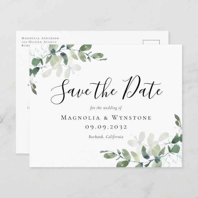 Budget Eukalyptus Wedding Save the Date Postcard (Vorne/Hinten)