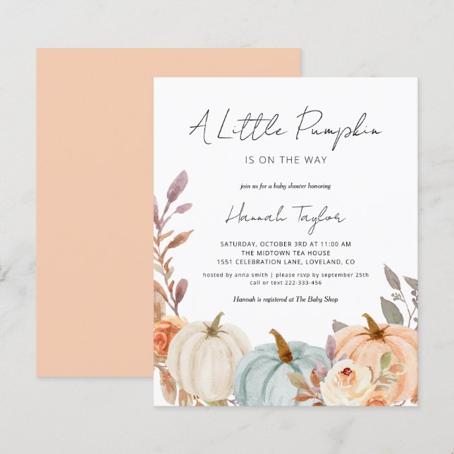 Budget Fall Baby Dusche Little Pumpkin Einladung (Vorne/Hinten)