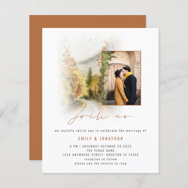 Budget Fall Trees Foto QR Wedding Terracotta (Vorne/Hinten)