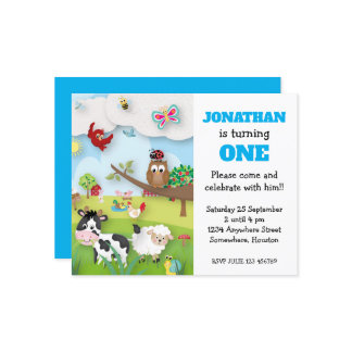 Budget Farm Animals Boy First Birthday Einladung
