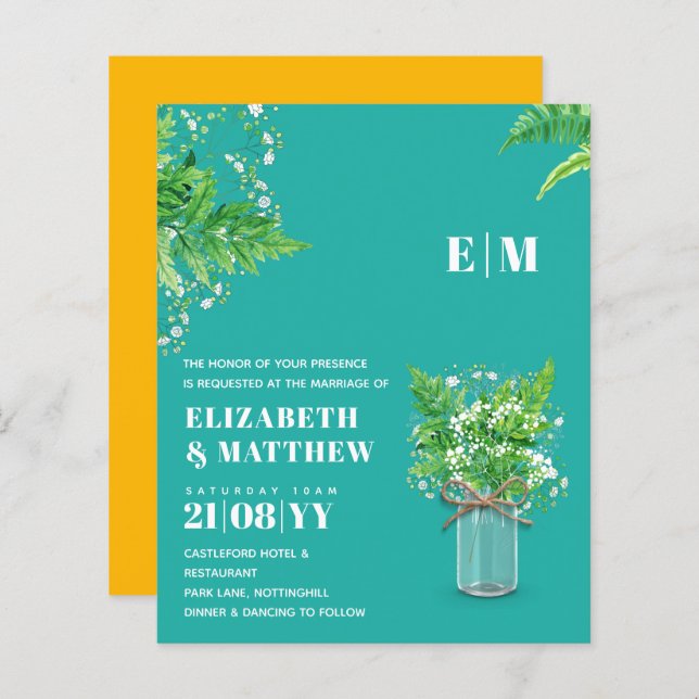 BUDGET Fern green Blätter Wedding Einladung (Vorne/Hinten)