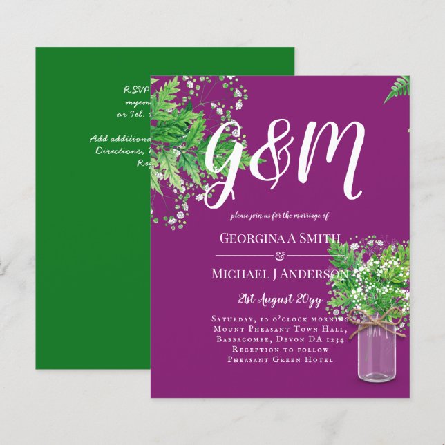BUDGET Ferns Greenery Magenta Wedding Einladung (Vorne/Hinten)