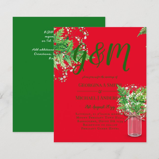 BUDGET Ferns Greenery Red Wedding Einladung (Vorne/Hinten)