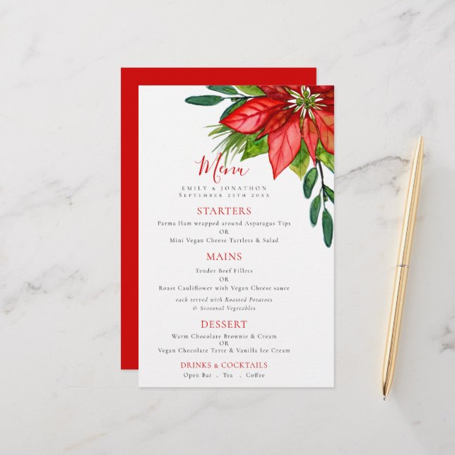 Budget Festival Wedding Poinsettia Foliage Menu (Vorderseite/Rückseite Beispiel)