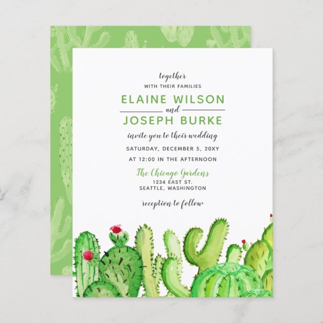 Budget Fiesta Cactus Green Wedding Einladung (Vorne/Hinten)