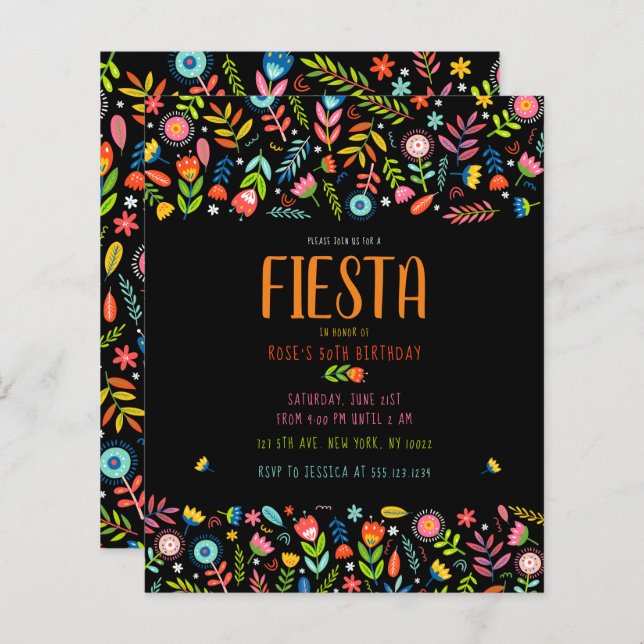 Budget Fiesta Floral Geburtstag Einladungen (Vorne/Hinten)