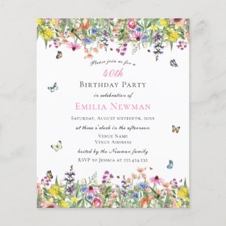 Budget Floral 40. Geburtstag Party Einladung