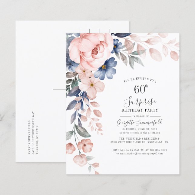 Budget Floral 60. Geburtstag Pink Script Einladung (Vorne/Hinten)