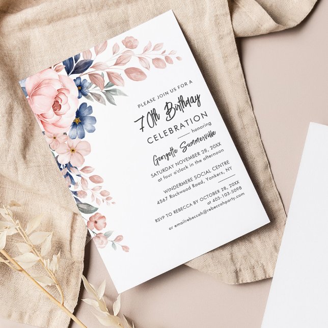 Budget Floral 70. Geburtstagsparty Einladung (70th Birthday Pink Floral Party Invitation)
