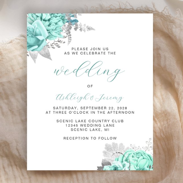 Budget Floral Aqua Silver Script Wedding Invite (Von Creator hochgeladen)