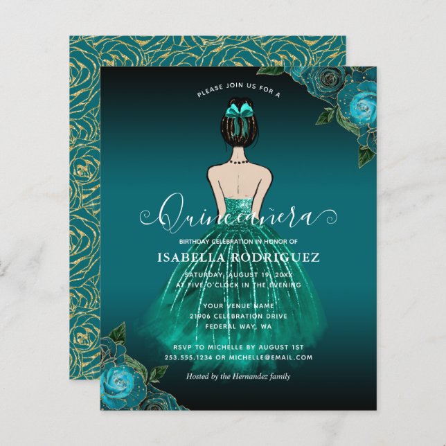 Budget Floral Aquamarin Princess Gold Quinceañera (Vorne/Hinten)
