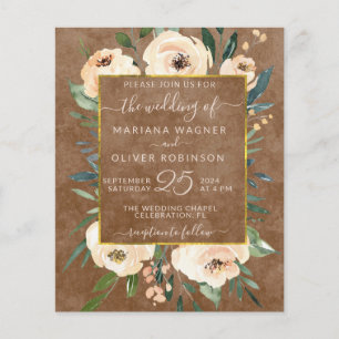 Budget Floral Beige Gold Brown Hochzeit Einladung Flyer