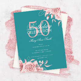 Budget Floral Birthday Party Rose Gold Aquamarin Einladung