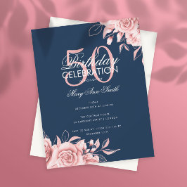 Budget Floral Birthday Party Rose Gold Navy Einladung