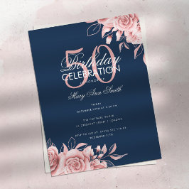 Budget Floral Birthday Party Rose Gold & Navy Postkarte
