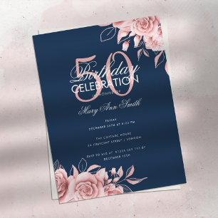 Budget Floral Birthday Party Rose Gold & Navy Postkarte