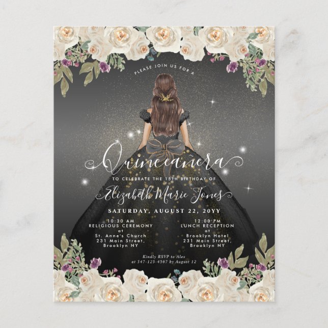 Budget Floral Black Grau Gold Prinzessin Quinceane (Vorderseite)