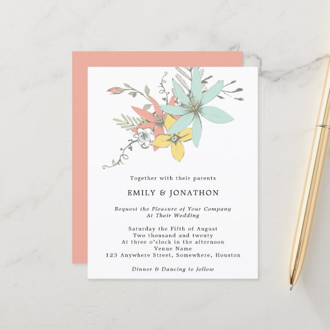 Budget Floral Blätter Aquamarin Coral Wedding Einl (Vorderseite/Rückseite Beispiel)
