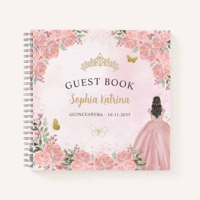 Budget Floral Blink Pink Quinceanera Gästebuch Notizbuch (Vorderseite)