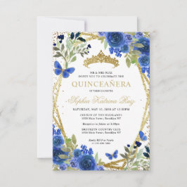 Budget Floral Blue Gold Tiara Quinceañera Einladun Mitteilungskarte