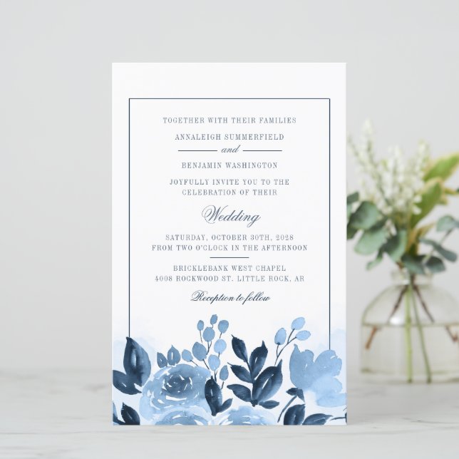 Budget Floral Blue Watercolor Script Hochzeit (Stehend Vorderseite)