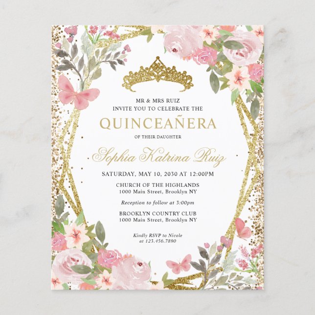 Budget Floral Blush Gold Tiara Quinceañera Einladu (Vorderseite)