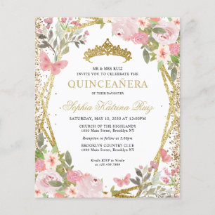 Budget Floral Blush Gold Tiara Quinceañera Einladu