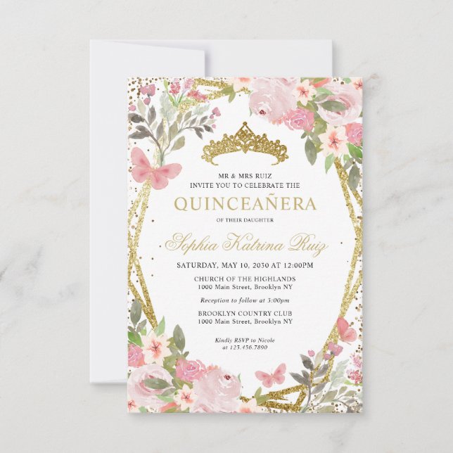 Budget Floral Blush Gold Tiara Quinceañera Einladu Mitteilungskarte (Vorderseite)