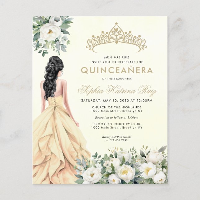 Budget Floral Botanic Gold Prinzessin Quinceañera (Vorderseite)