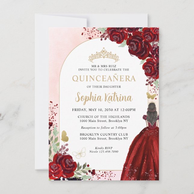 Budget Floral Burgundy Gold Princess Quinceanera Mitteilungskarte (Vorderseite)