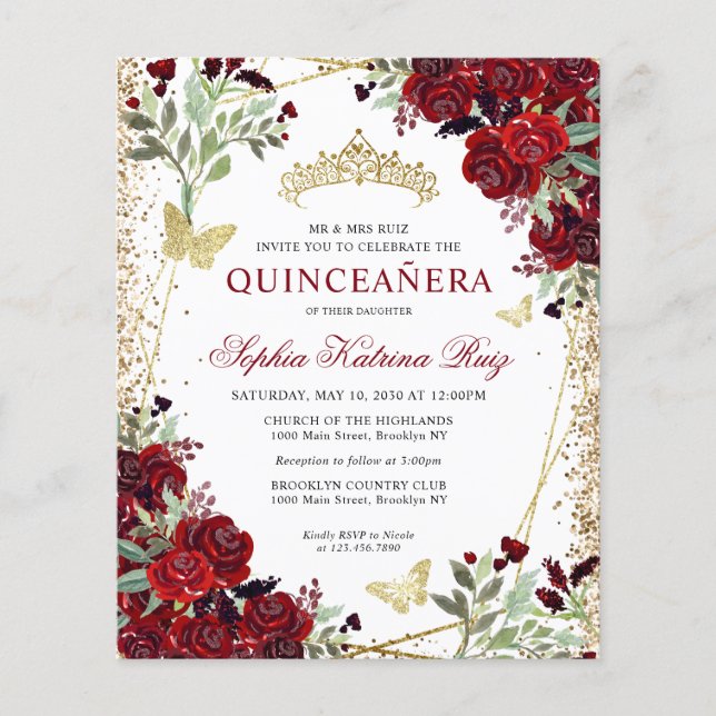 Budget Floral Burgundy Gold Quinceañera Einladung (Vorderseite)