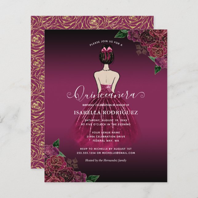 Budget Floral Burgundy Princess Gold Quinceañera (Vorne/Hinten)