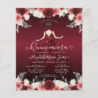 Budget Floral Burgundy Red Dress Gown Quinceanera