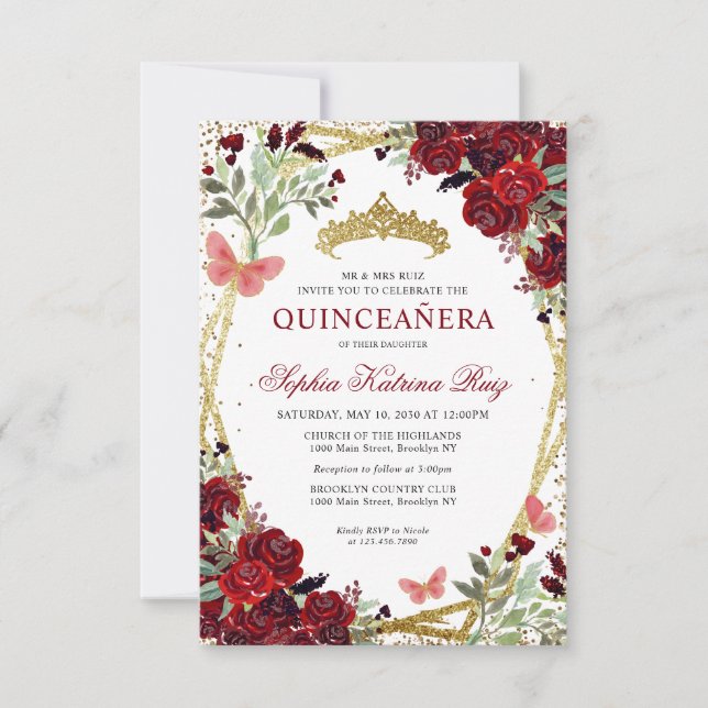 Budget Floral Burgundy Red Gold Tiara Quinceañera Mitteilungskarte (Vorderseite)