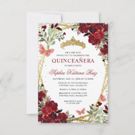 Budget Floral Burgundy Red Gold Tiara Quinceañera Mitteilungskarte