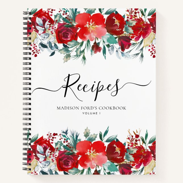 Budget Floral Burgundy Red Holiday Kitchen Rezept Notizbuch (Vorderseite)