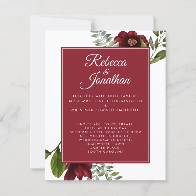 Budget Floral Burgundy Red Wedding Einladung (Vorderseite)