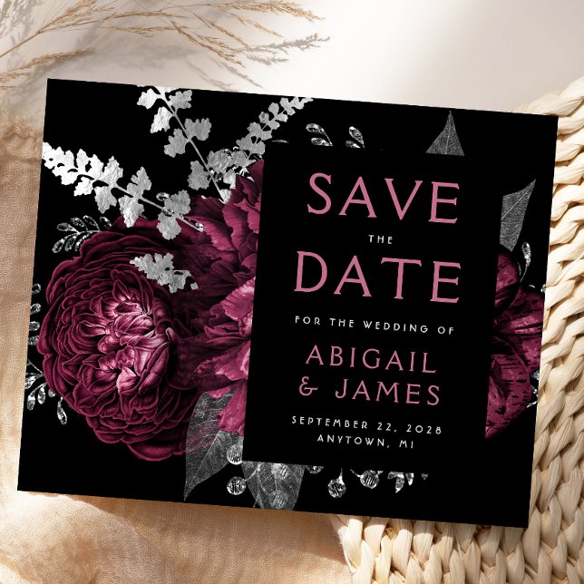 Budget Floral Burgundy Silver Save the Date (Von Creator hochgeladen)