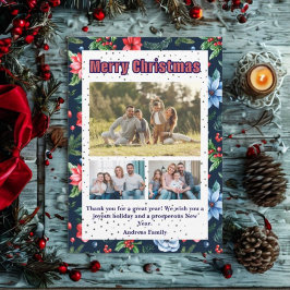 Budget Floral Christmas Plaid 3 Photo Holiday Card Feiertagskarte