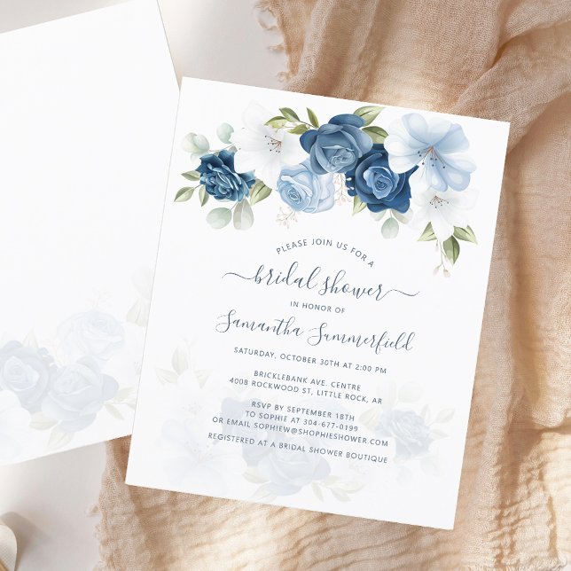 Budget Floral Dusty Blue Bridal Dusche Einladung (Elegant Floral Dusty Blue Watercolor Script Bridal Shower Invitation)