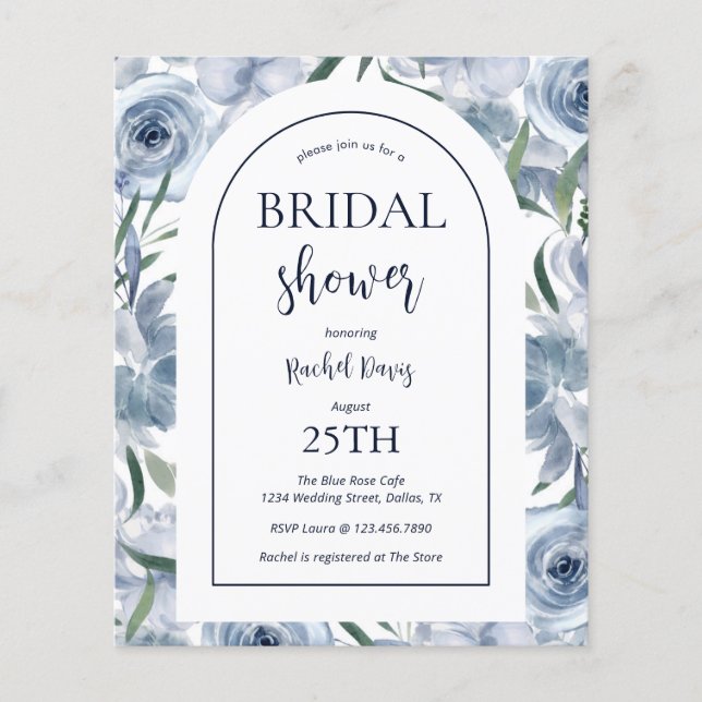 Budget Floral Dusty Blue Bridal Dusche Einladung Flyer (Vorne)