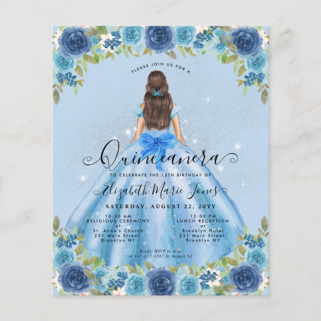 Budget Floral Dusty Blue Gray Princess Quinceanera (Vorderseite)