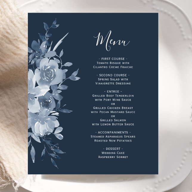 Budget Floral Dusty Blue Navy Wedding Menu (Von Creator hochgeladen)