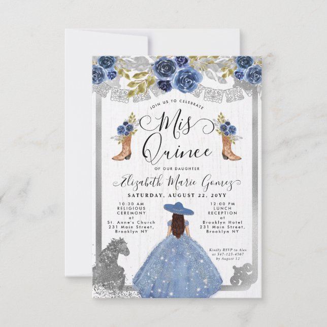 Budget Floral Dusty Blue Silver Charra Quinceanera Mitteilungskarte (Vorderseite)